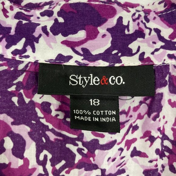 Style & Co. size 18 Purple White Abstract Print Cotton Long Sleeve Button Down - Picture 2 of 8